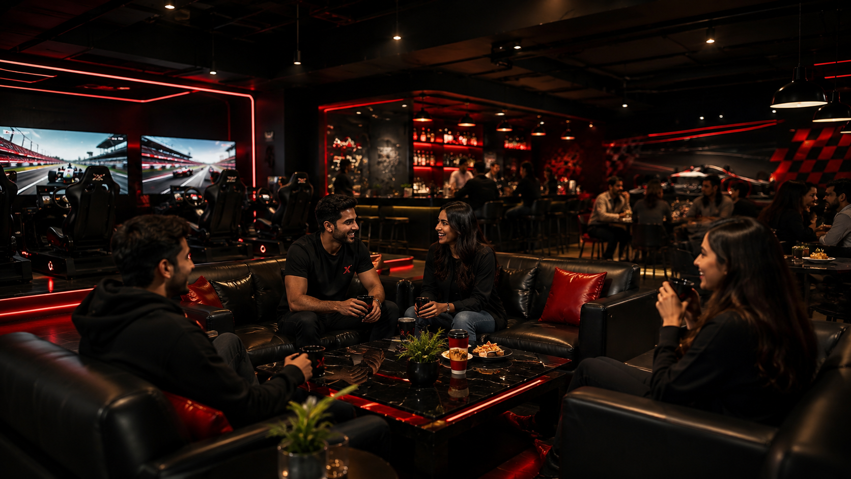 Friends relaxing on the couches in the Play X Cafe lounge, with simulator rigs and the bar in the background