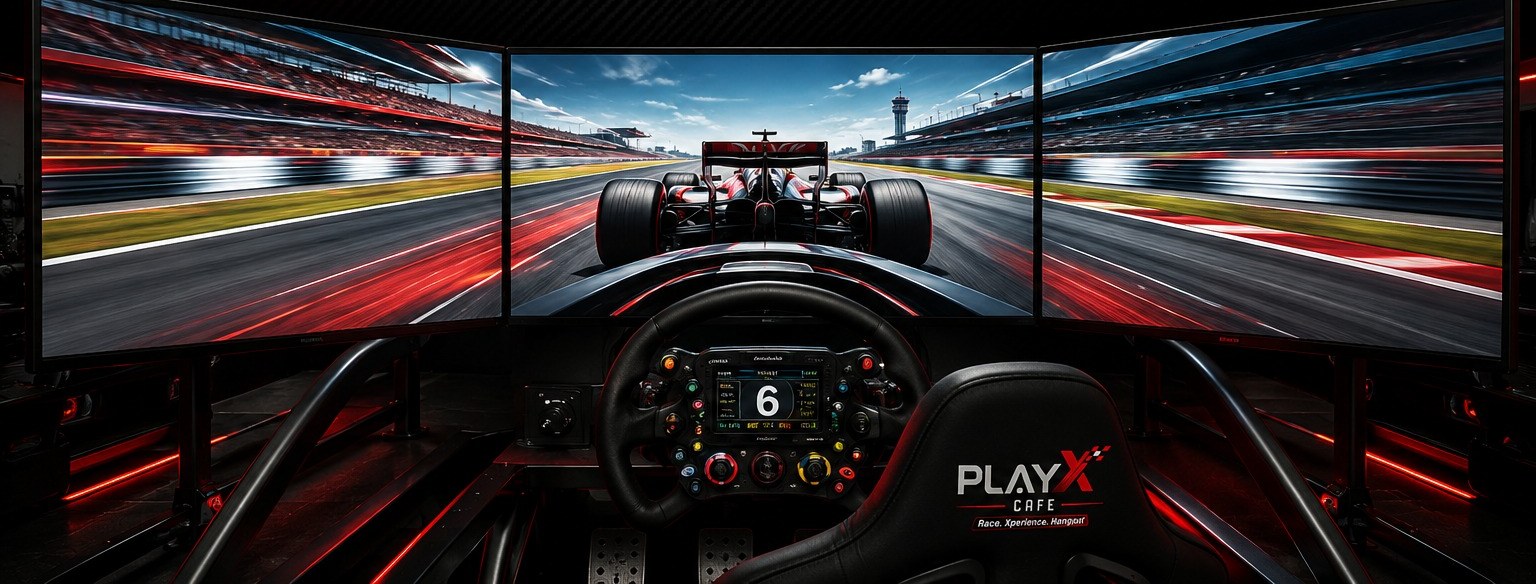 Play X Cafe racing simulator cockpit with triple-monitor display and force-feedback wheel