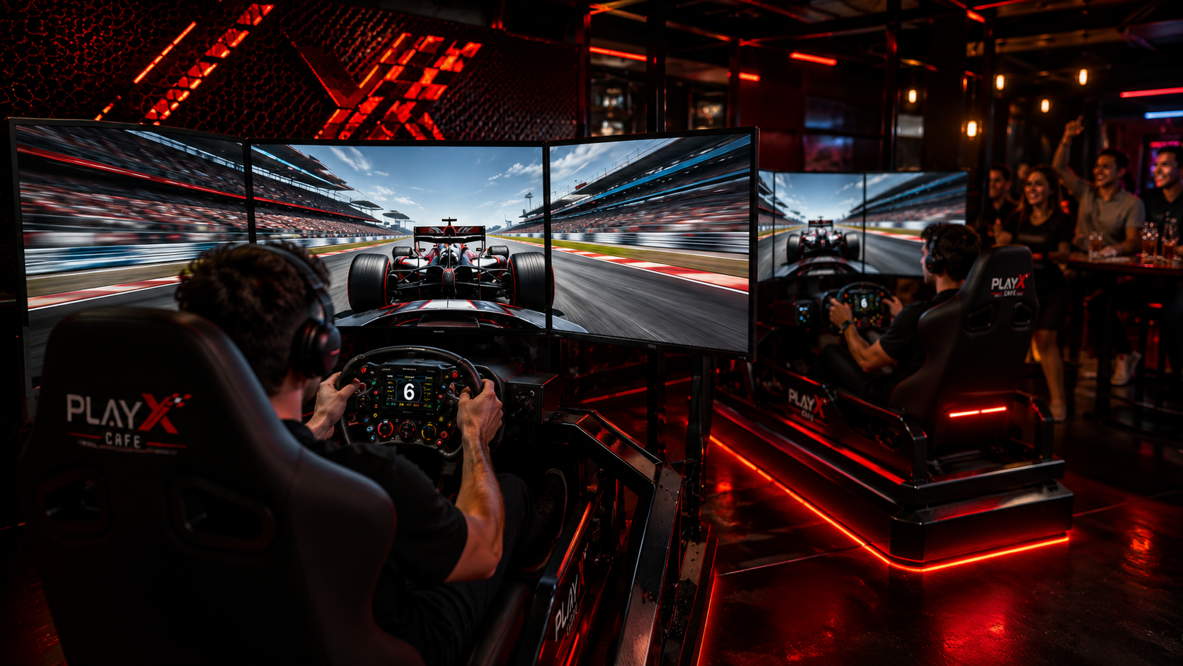 Two racers competing side-by-side on Play X Cafe's multiplayer simulator rigs